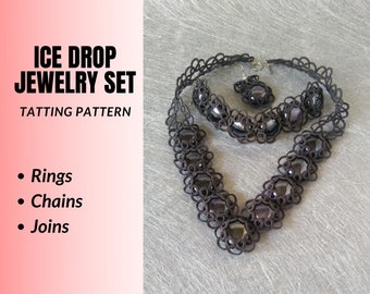 Ice drop jewelry set tatting pattern. Necklace, bracelet, earrings collection of tatted lace tutorials