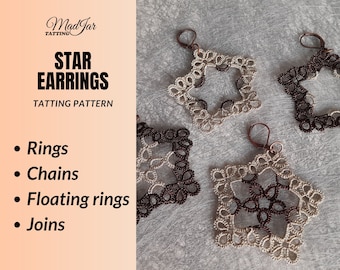 Star jewelry tatting pattern. Tatted lace tutorial for earrings, pendant or snowflake. Instructions for shuttle and needle tatters