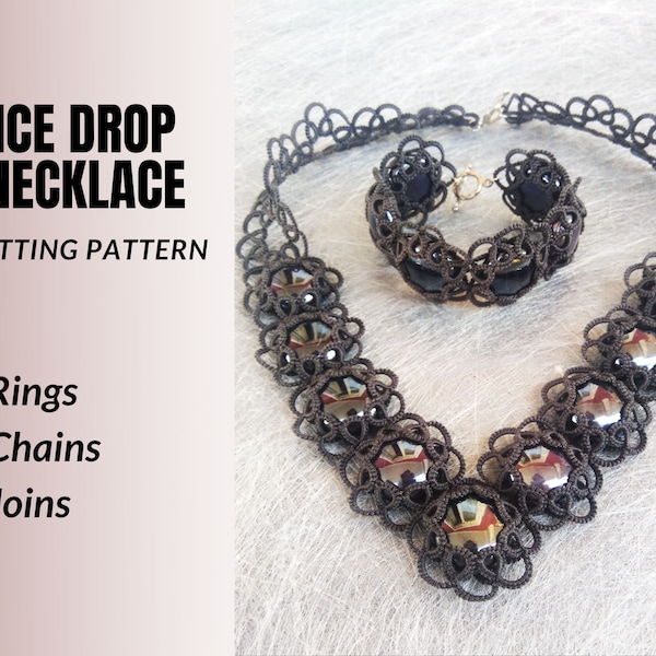 Ice drop necklace tatting pattern. Tatted lace collar with cabochons tutorial for shuttle and needle tatters