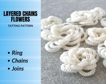 Layered chains flowers tatting pattern PDF. Instructions for shuttle or needle tatters. Nine variations in one tutorial with diagrams