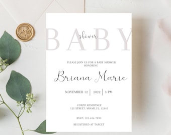 May include: A white baby shower invitation with gray lettering that reads "Baby Shower" and "Briana Marie". The invitation includes the date and time of the shower, the location, and RSVP information. The invitation is decorated with a wax seal.