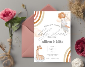 May include: A baby shower invitation with a watercolor illustration of a giraffe and a bear holding balloons. The invitation is decorated with a rainbow and clouds. The text on the invitation reads "Please join us for a baby shower honoring Allison & Mike. June 15th, 2023. 123 anywhere st... City, St. 12345. RSVP-123.456.7890"