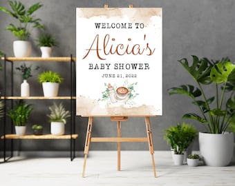 Editable Coffee Baby Shower Welcome Sign, A Baby is Brewing Baby Shower Sign, Gender Neutral Greenery Coffee Baby Shower Sign