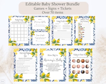 Lemon Baby Shower games - Italian Blue Tile games - Positano Tuscan Baby Luncheon - Mediterranean game DIGITAL DOWNLOAD, game bundle, baby