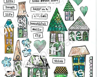 Instant download whimsical houses clip art, art journal, scrapbooking, collage, mixed media, Zetti, art printable paper houses