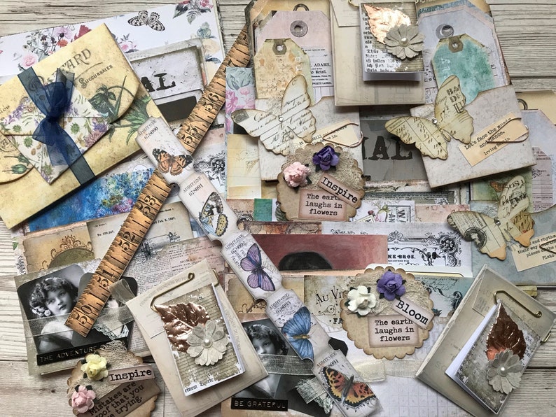 Junk journal ephemera pack, pockets & tag pack, starter scrapbooking kit, paper ephemera pack, beginners journal kit image 1