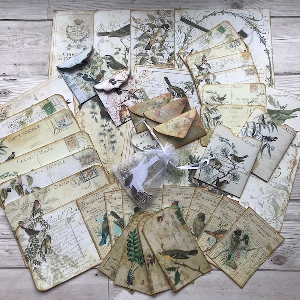 Vintage bird journal paper pack, journaling kit, scrapbooking kit, paper ephemera pack, gift for her, collage, journal, craft kit