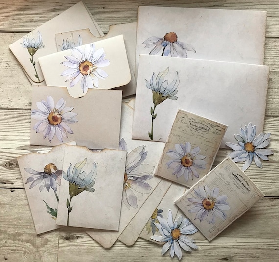 Daisy envelope & pocket pack, correspondence set, junk journal pocket set, gift for her, keepsake journal, friendship card, letterbox gift