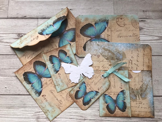 Butterfly envelope tag & pocket pack, correspondence set, junk journal, gift for her, keepsake journal, friendship card, eco friendly