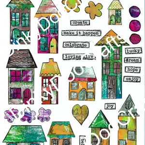 Instant download whimsical houses clip art, art journal, scrapbooking, collage, mixed media, Zetti, art printable paper houses