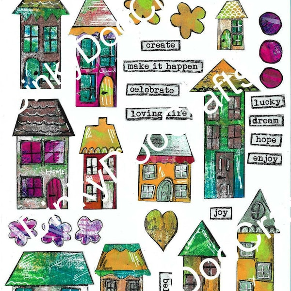 Instant download whimsical houses clip art, art journal, scrapbooking, collage, mixed media, Zetti, art printable paper houses