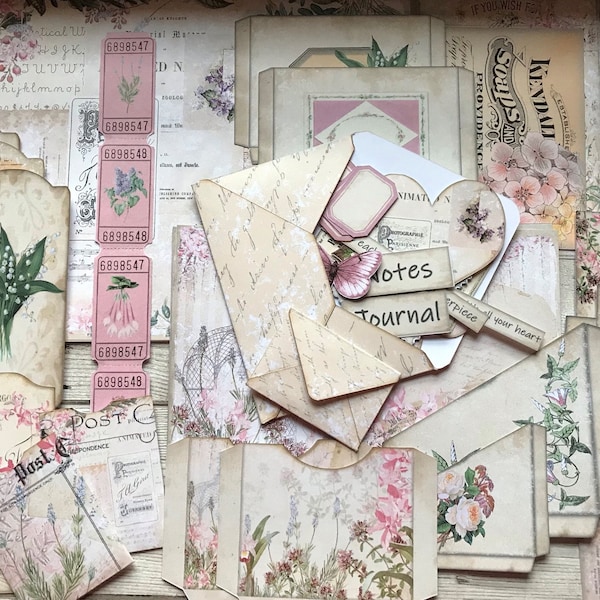 Vintage pink junk journal paper pack, journaling kit, scrapbooking kit, paper ephemera pack, gift for her, collage, journal, craft kit