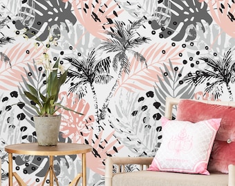 Removable Wallpaper Peel and Stick Wallpaper Self Adhesive Wallpaper Gray and Pink Palm Leaves