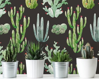 Removable Wallpaper Peel and Stick Wallpaper Self Adhesive Wallpaper Watercolor Cactus on Dark Background