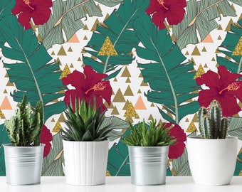 Removable Wallpaper Peel and Stick Wallpaper Self Adhesive Wallpaper Watercolor Geometric Banana Leaves