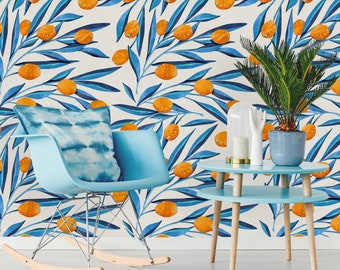 Removable Wallpaper Peel and Stick Wallpaper Self Adhesive Wallpaper Blue Leaves and Kumquat