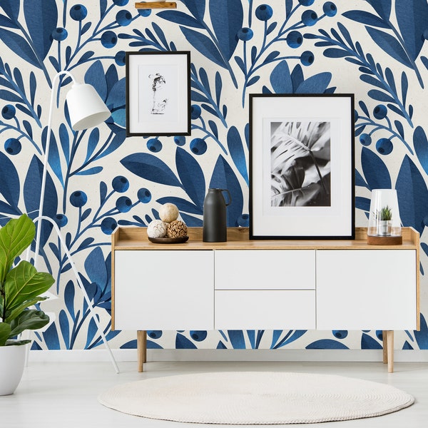 Blue Floral Wallpaper Etsy