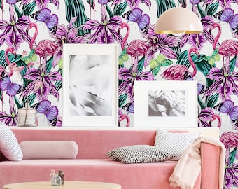 Removable Wallpaper Peel and Stick Wallpaper Self Adhesive Wallpaper Pink Flamingos and Tropical Leaves