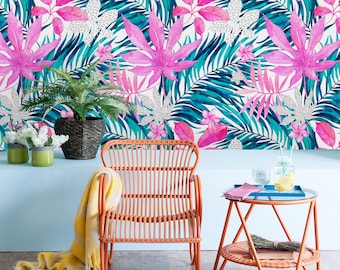 Removable Wallpaper Peel and Stick Wallpaper Self Adhesive Wallpaper Pink and Green Palm Leaves