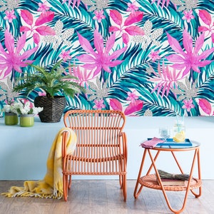 Removable Wallpaper Peel and Stick Wallpaper Self Adhesive Wallpaper Pink and Green Palm Leaves