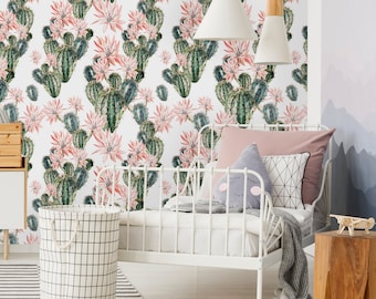 Removable Wallpaper Peel and Stick Wallpaper Self Adhesive Wallpaper Watercolor Cactus and Pink Flowers