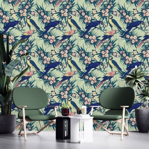 Removable Wallpaper Peel and Stick Wallpaper Self Adhesive Wallpaper Parrots and Flowers Wallpaper