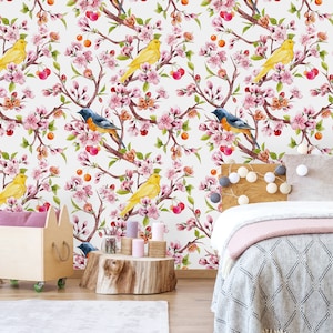 Removable Wallpaper Peel and Stick Wallpaper Self Adhesive Wallpaper Cherry Blossom and Birds