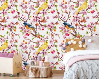 Removable Wallpaper Peel and Stick Wallpaper Self Adhesive Wallpaper Cherry Blossom and Birds