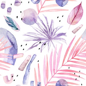 May include: A seamless pattern featuring watercolor illustrations of pink and purple tropical leaves, abstract shapes, and black dots on a white background.