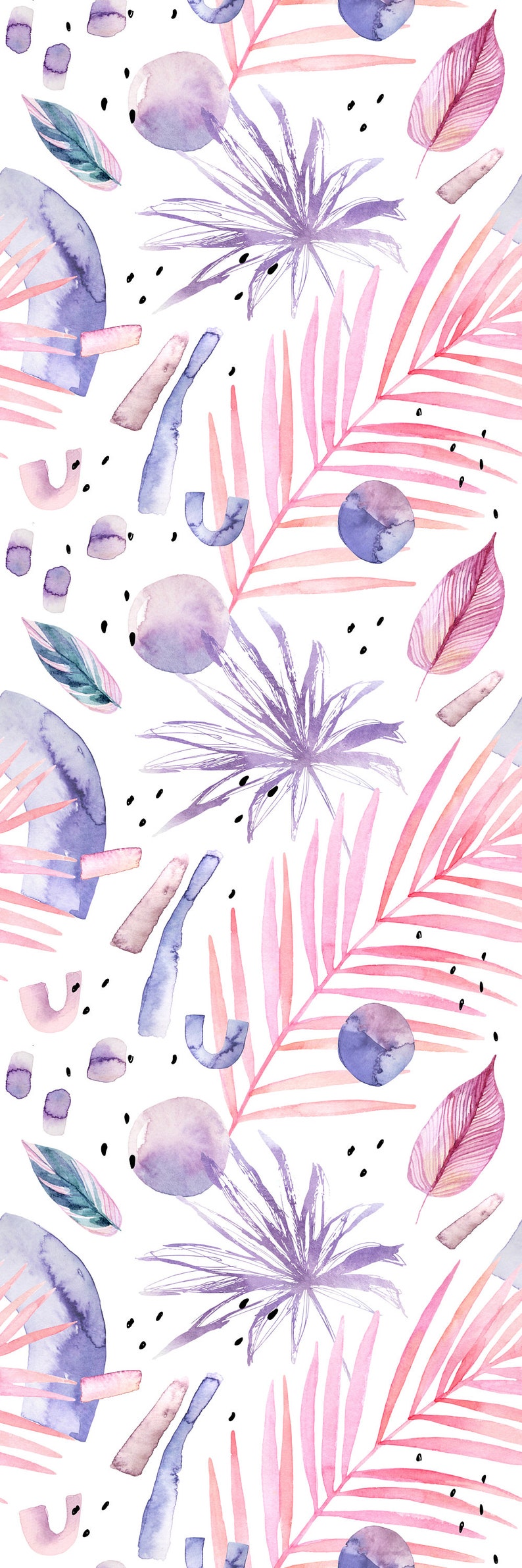 May include: A seamless pattern featuring watercolor illustrations of pink and purple tropical leaves, abstract shapes, and black dots on a white background.