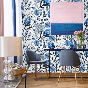 Removable Wallpaper Peel and Stick Wallpaper Self Adhesive Wallpaper Blue Berries and Flowers