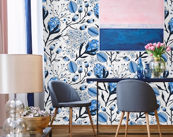 Removable Wallpaper Peel and Stick Wallpaper Self Adhesive Wallpaper Blue Berries and Flowers