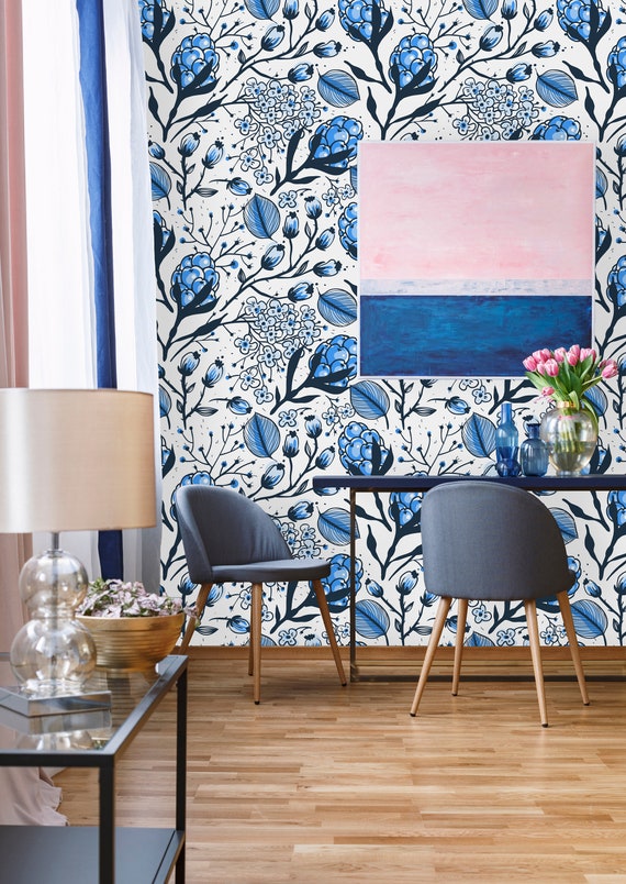 Removable Wallpaper Peel and Stick Wallpaper Self Adhesive Wallpaper Blue Berries and Flowers