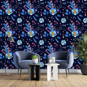 Removable Wallpaper Peel and Stick Wallpaper Self Adhesive Wallpaper Dark Blue Floral Wallpaper