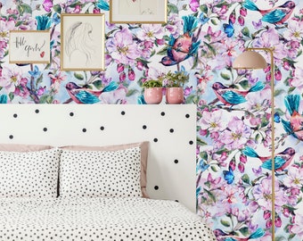 Removable Wallpaper Peel and Stick Wallpaper Self Adhesive Wallpaper Sakura Tree and Birds