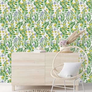Removable Wallpaper Peel and Stick Wallpaper Self Adhesive Wallpaper Yellow Flowers with Green Leaves Wallpaper
