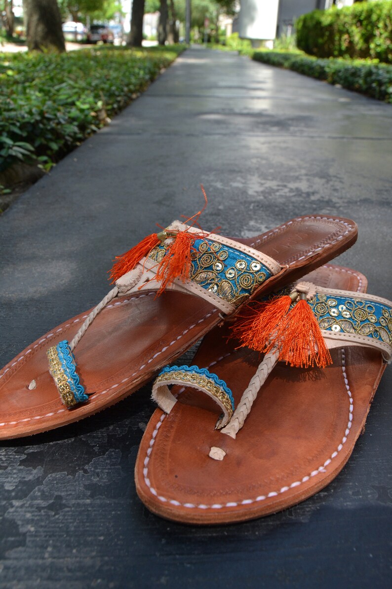 Turquoise Orange Handmade Indian Leather Sandals