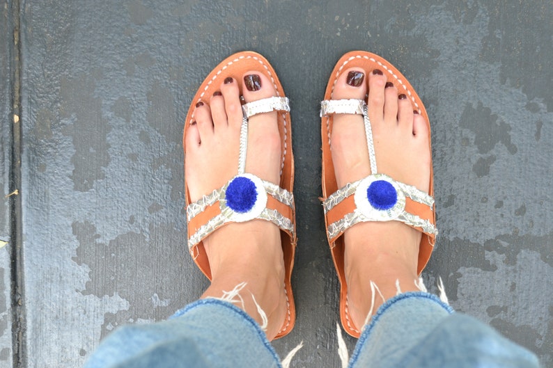 Handmade Indian Leather Sandals Silver Blue