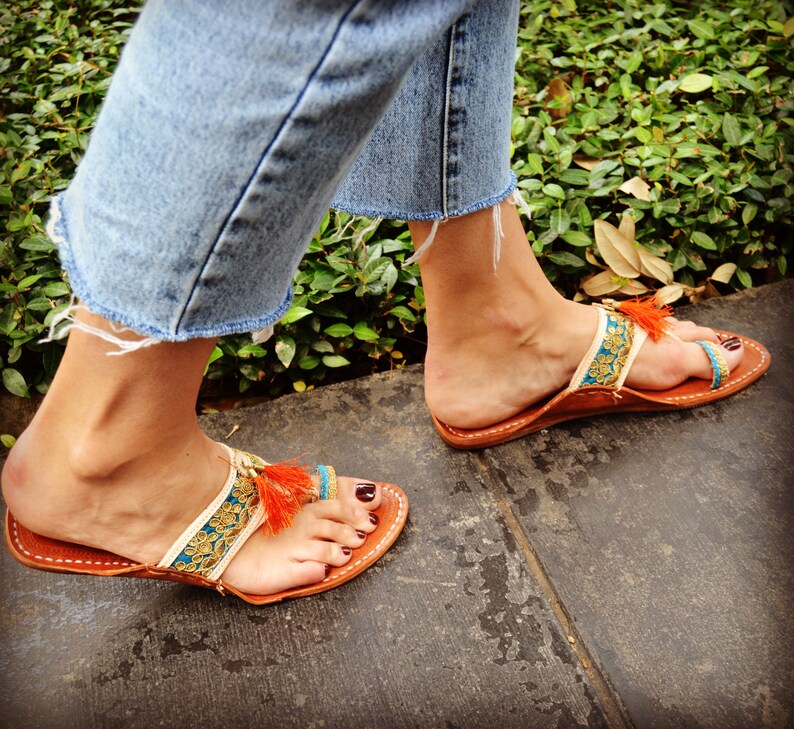 Turquoise Orange Handmade Indian Leather Sandals