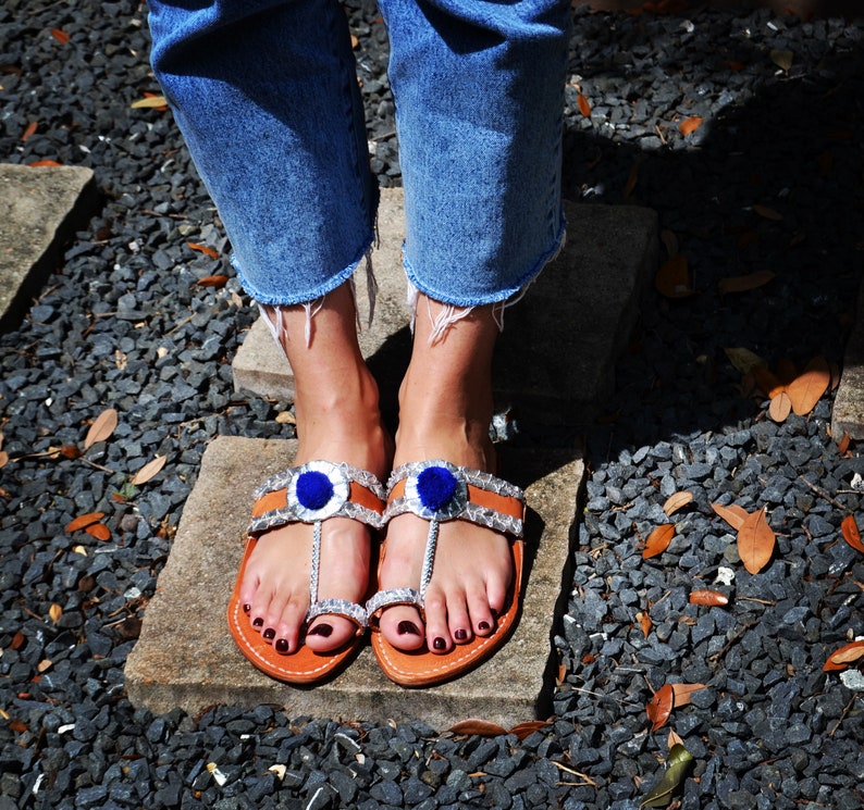 Handmade Indian Leather Sandals Silver Blue