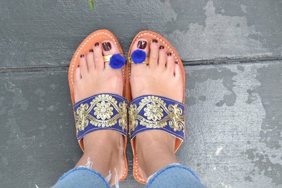 Handmade Indian Leather Sandals Wide Strap Gold and Blue Handmade Indian Leather Sandals Wide Strap Gold and Blue