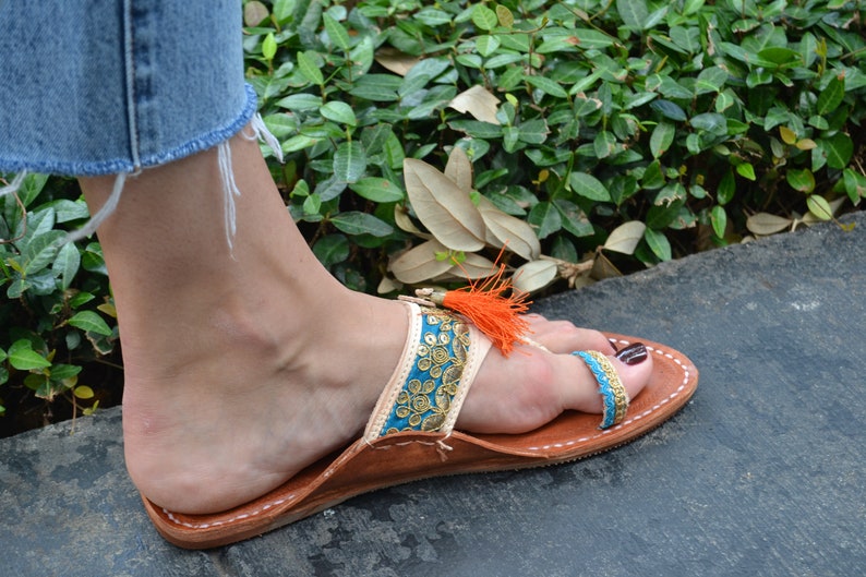 Turquoise Orange Handmade Indian Leather Sandals