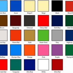 Puede incluir: Una tabla de 40 muestras de colores diferentes, cada una con una etiqueta de nombre debajo. Los colores incluyen tonos de rojo, azul, verde, amarillo, naranja, marr&oacute;n, gris y blanco.