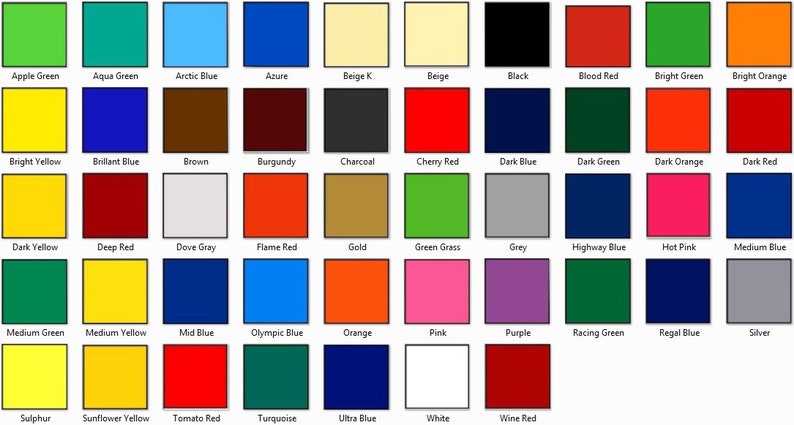 Puede incluir: Una tabla de 40 muestras de colores diferentes, cada una con una etiqueta de nombre debajo. Los colores incluyen tonos de rojo, azul, verde, amarillo, naranja, marr&oacute;n, gris y blanco.