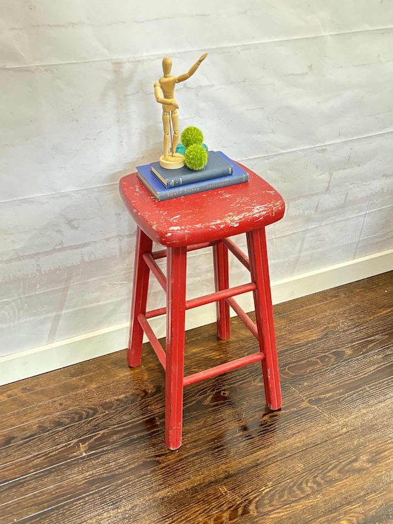 Authentic Vintage Sears Roebuck Wood Stool | Industrial Factory Stool | Distressed Red Patina | Americana Accent Stand Table