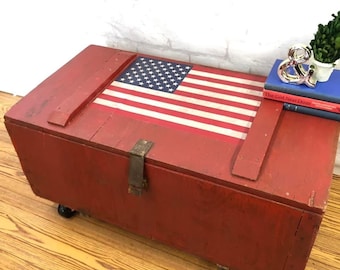 Vintage American Flag Trunk, Rustic Wood Coffee Table, Rolling Footlocker