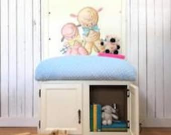Vintage Crib Reading Bench with Storage | Mid Century Nursery Headboard Seat | Upcycled Children’s Book Nook | Retro Toy Storage Cabinet