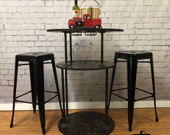 Industrial Pub Table with Stemware Rack | Reclaimed Wood Spool Bar Table | Modern Rustic High Top | Man Cave or Home Bar Table