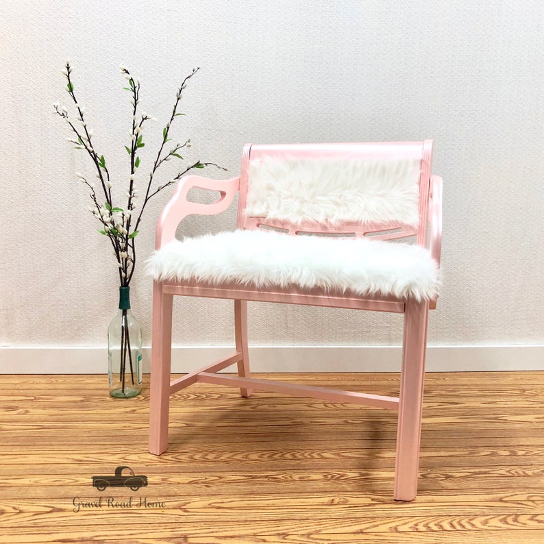 Pink Bench Chair White Faux Fur Pearl Glaze Vanity Image 0