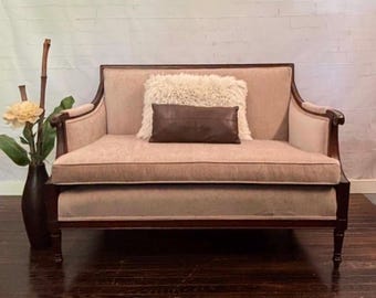 Pair of Vintage MCM Settees | Professionally Reupholstered Loveseats | Neutral Curved Sofas | Designer Style Seating